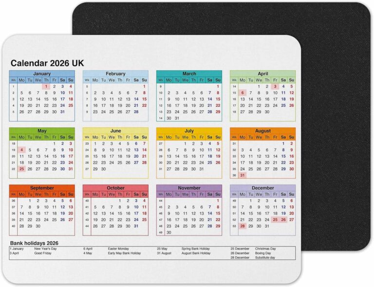 Vixar Calendar 2026 Mouse mat pad for UK with Holiday Non Slip PC Desktop Laptop for office school work home (White)