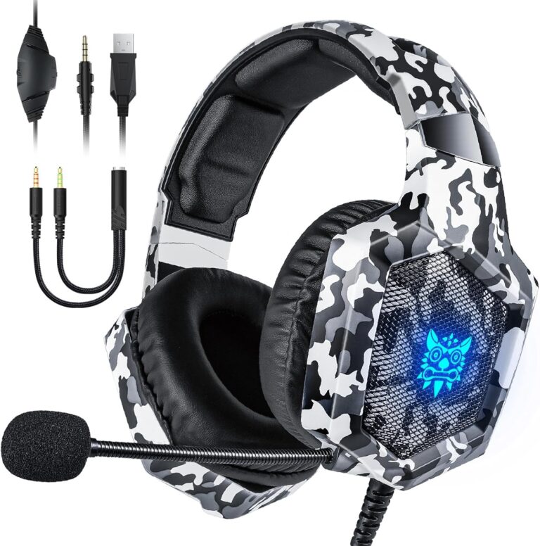 Gaming Headset with Microphone, Gaming Headphones for PS4 PS5 Xbox One PC with LED Lights, Playstation Headset with Noise Reduction 7.1 Surround Sound Over-Ear and Wired 3.5mm Jack (White)
