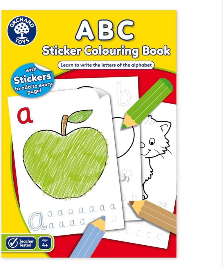 Orchard Toys ABC Kids Colouring Book – Sticker and Activity Books for Kids Age 4+ – Educational, Alphabet, and Letter Tracing Book for Children – Learn to Write Kids Activities – A4