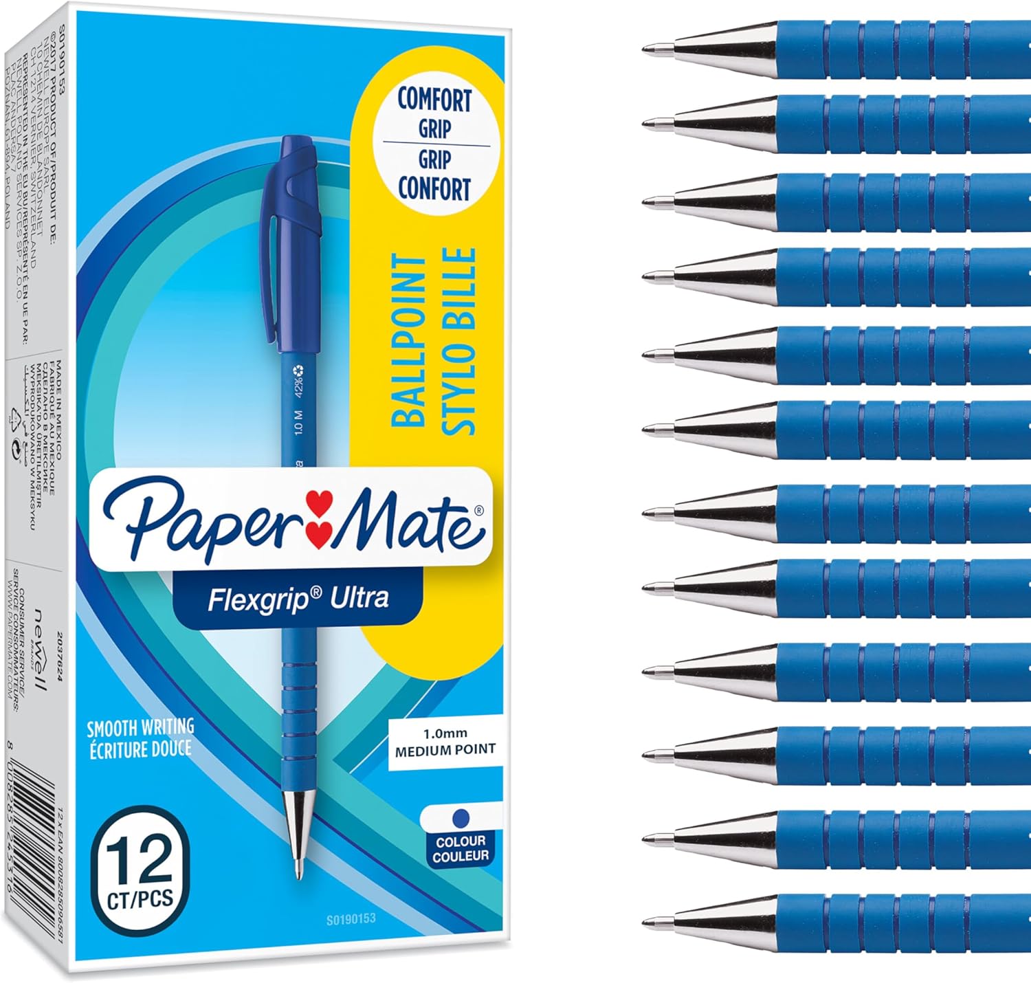 Paper Mate Flexgrip Ultra Ballpoint Pens | Medium Point (1.0mm) | Handwriting Pens & Stationery Supplies | Blue Pen Set | 12 Count