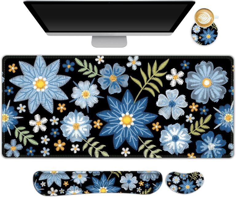 NXZGO Large Gaming Mouse Pad Set, 4 in1 Ergonomics Keyboard Desk Mat with Memory Foam Wrist Rest, Computer PC Extended Game Mousepad, Non-Slip Desk Pad Matt Easy Typing Pain Relief I Forget-me-not