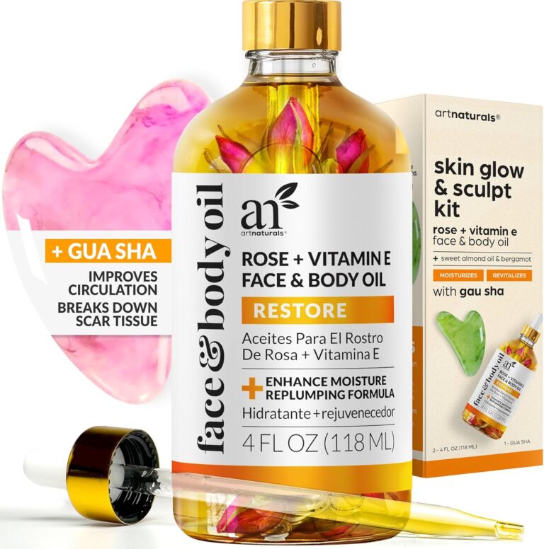 Artnaturals Face & Body Vitamin E Bio Oil 4.0oz + Gua Sha Facial Tools Set – Organic Moisturizer Skincare for Scars, Stretch Mark, Cellulite & Nails – Great Massage oil for Massaging Joint & Muscles