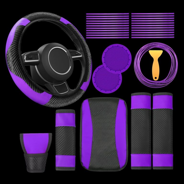 Riakrum 30 Pcs Car Accessories Set Purple and Black PU Leather Steering Wheel Cover Auto Interior Accessories Gift Car Vent Trim Strips Air Conditioner Insert Strips with Installation Tool