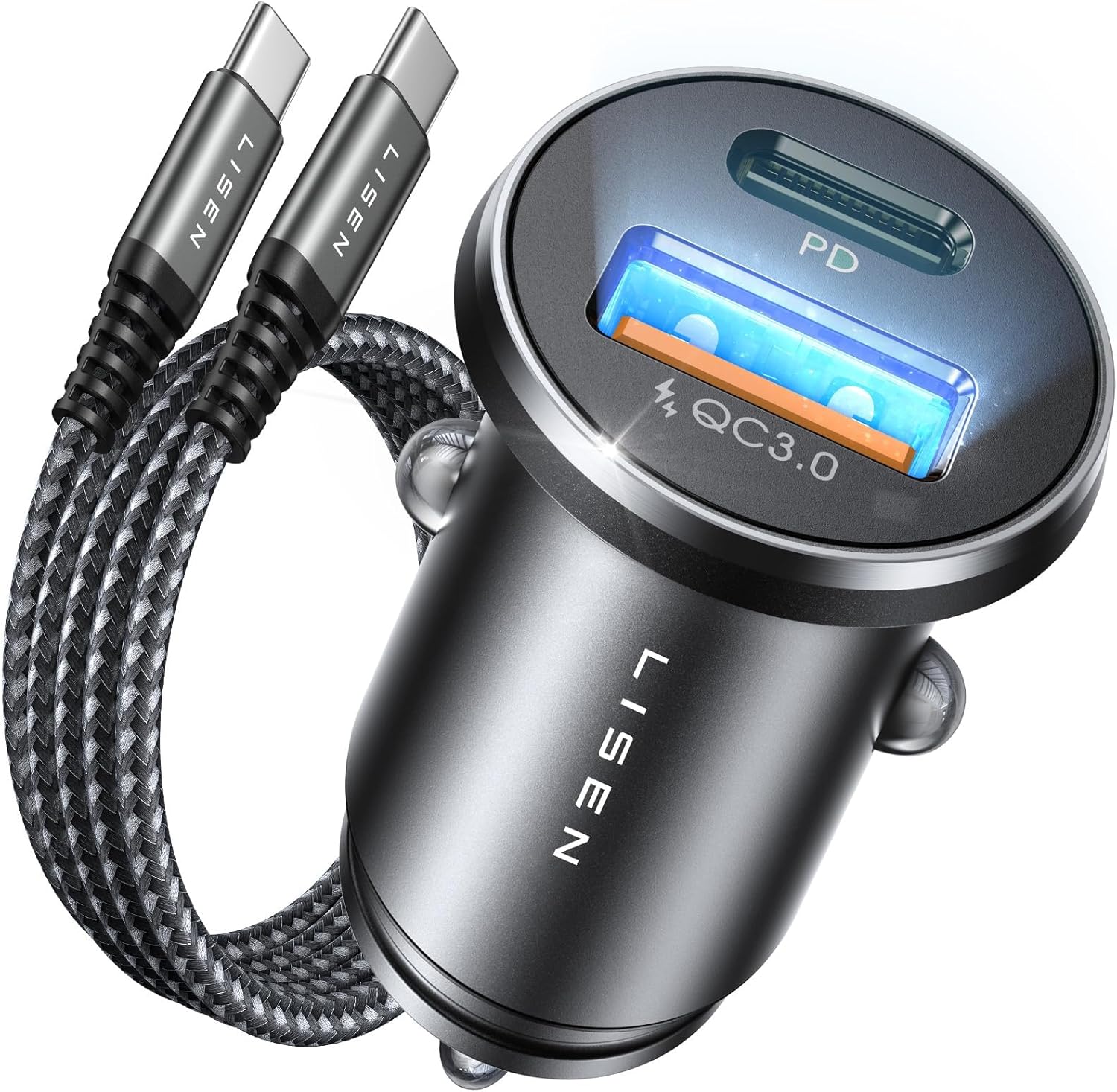 LISEN Car Charger Adapter USB C 54W 12V USB Socket [USBC 36W+QC18W] 60W USB C Cable PD3.0 Car Phone Charger Cigarette Lighter USB Charger for iPhone 16 Pro Samsung S25 Ultra Camping Car Accessories