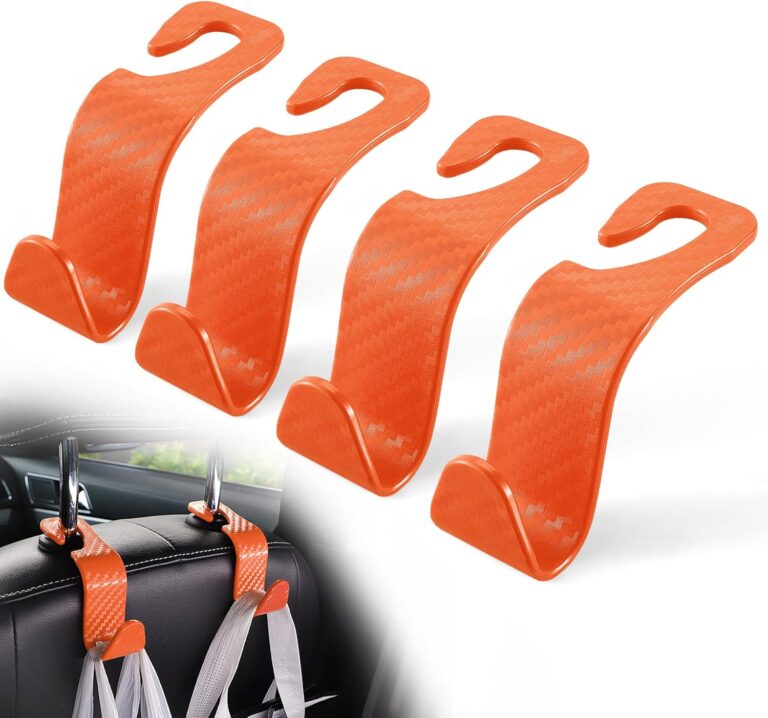 LivTee Car Purse Hook, Headrest Hook for Car, 4 Pack Universal Auto Car Seat Headrest Hook Hangers Organizer for Purse Coat Umbrellas Grocery Bags Handbag, Car Accessories – Carbon Fiber Orange
