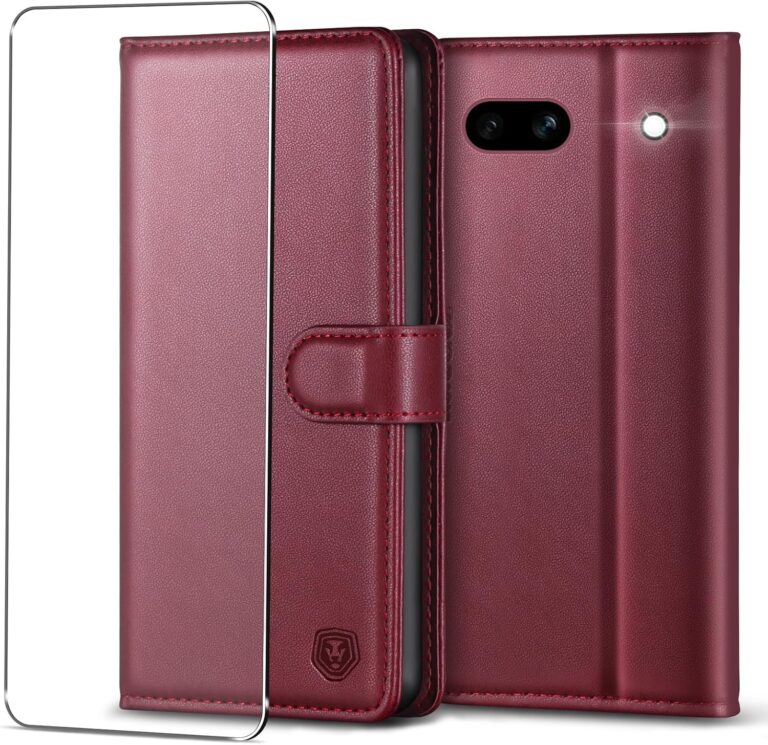 Kuafcase for Google Pixel 7a Case with 1 Screen Protector, 4 Card Slots Magnetic Closure Kickstand Shockproof Phone Case for Google Pixel 7a – Wine Red