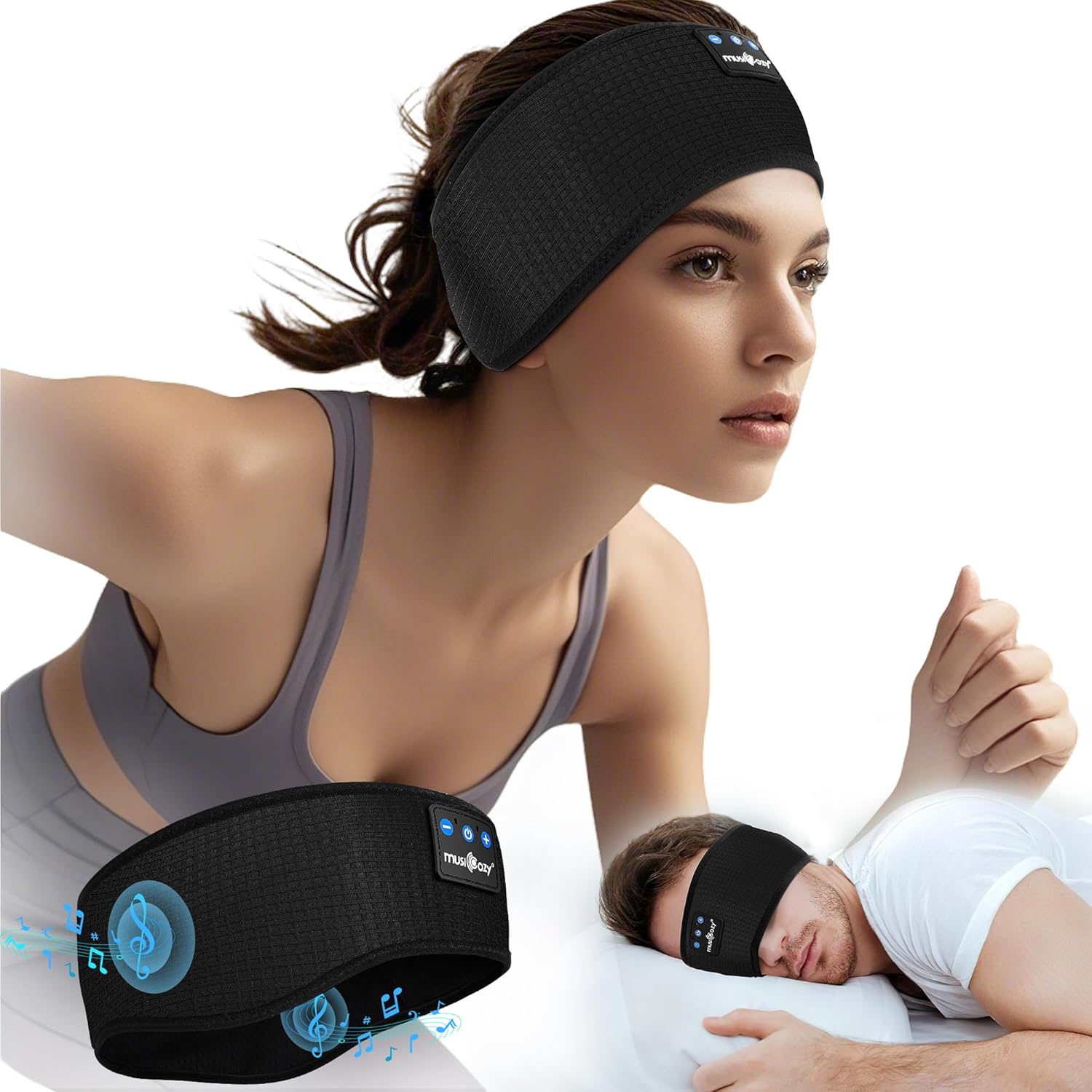 MUSICOZY Sleep Headphones,Ultra-Soft Wireless Headband Bluetooth for Side Sleepers, with 14H Playtime & Bluetooth 5.4, 4-in-1 Music Sleep Mask Headphones