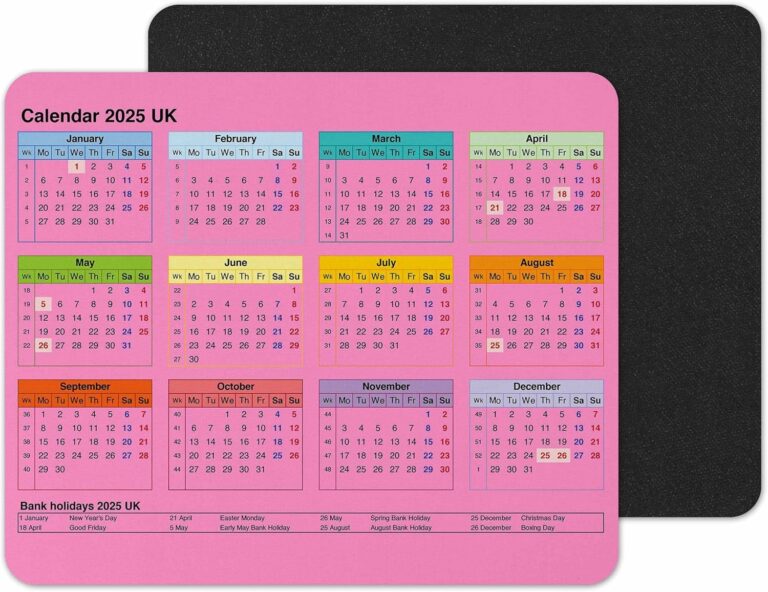 Vixar Calendar 2025 Mouse mat pad for UK with Holiday Non Slip PC Desktop Laptop for Office home (Pink)