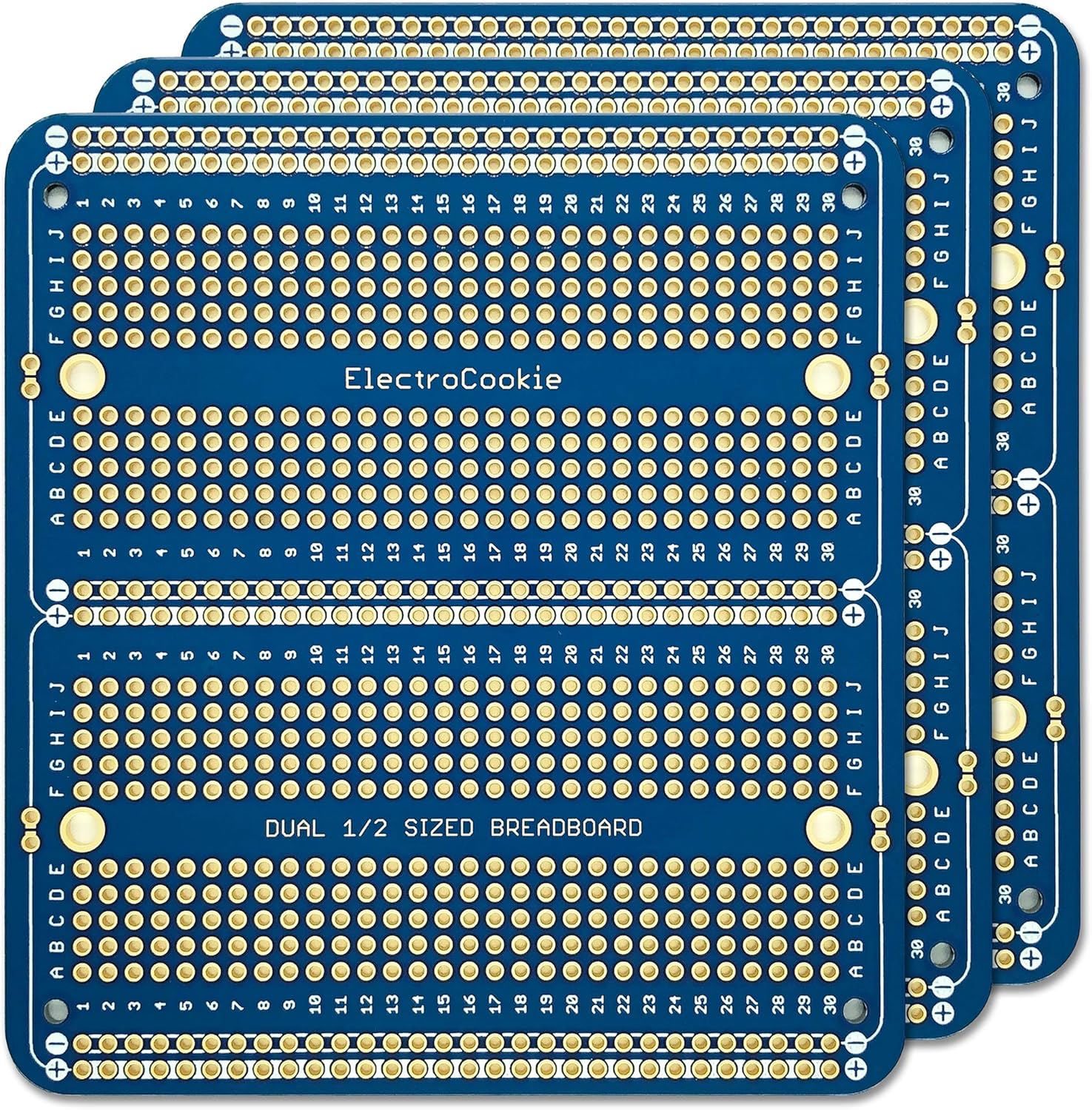 ElectroCookie Solderable Breadboard PCB Double Column Board for Electronics Projects Compatible for DIY Arduino Soldering Projects, Gold-Plated (3 Pack, Blue)