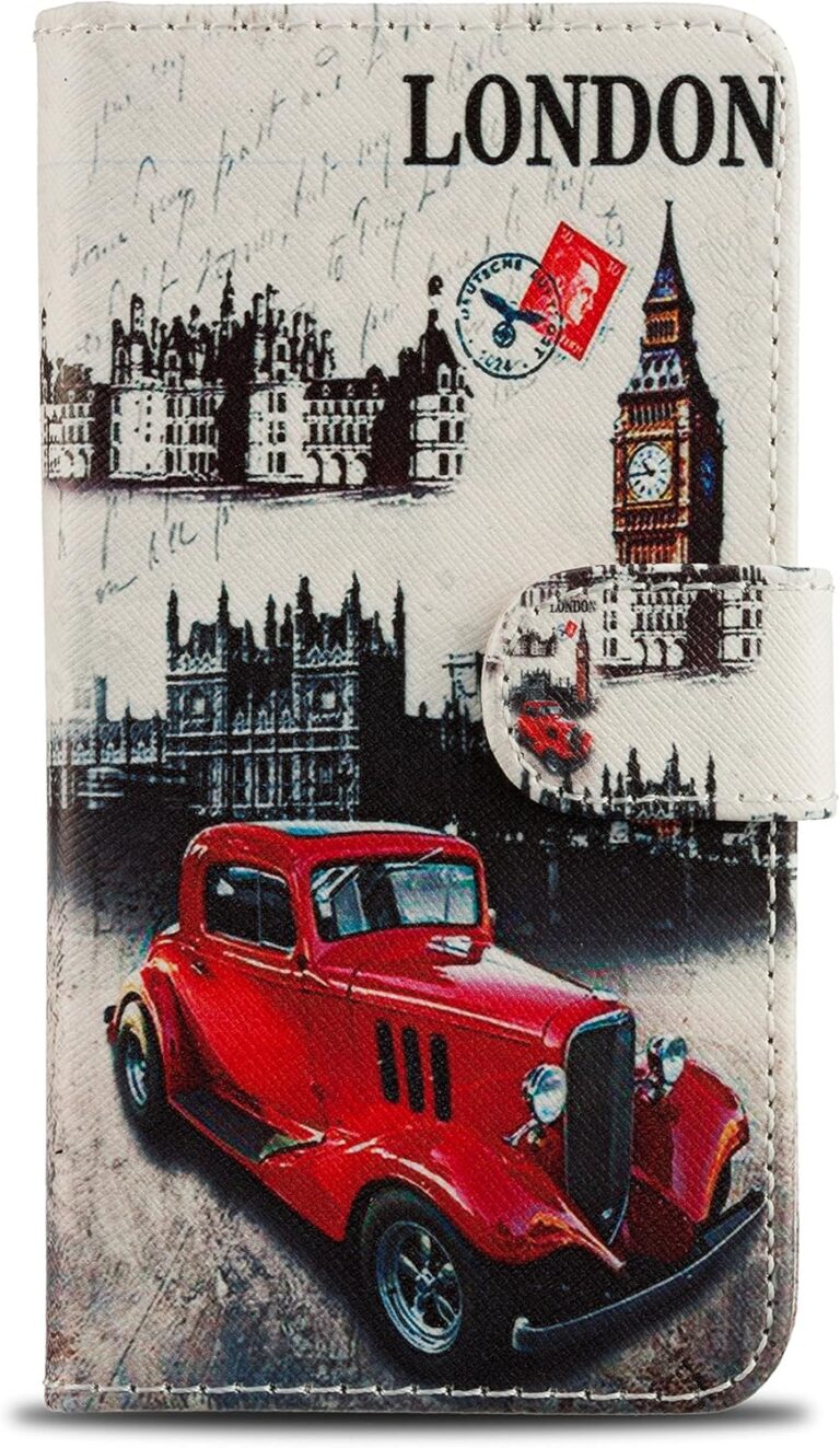 London Gadget Store Pattern Modern Print Design Wallet Flip Case Cover with Integrated Stand & Retractable Stylus Pen for Vodafone Smart 4 MINI – Red Vintage Car and Big Ben