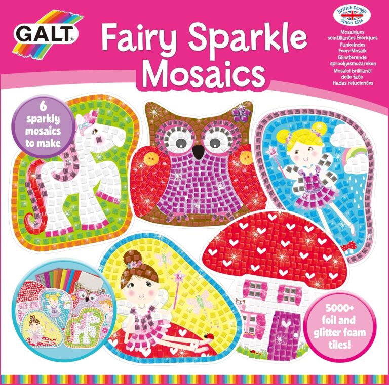 Galt Fairy Sparkle Mosaics -Childrens Glitter Mosaic Set,Arts and Crafts Kit for Kids,Colourful Design Tile by Number Pictures and 5000Plus Self-Adhesive Glitter and Foil Foam Tiles -Ages 5 Years Plus