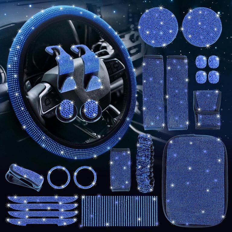 Zeinlenx 25 Pack Bling Car Accessories Set, Rhinestone Car Accessories Set for Women, Bling Steering Wheel Cover Universal Fit 15 Inch, Glitter Seat Belt, Sparkly Armrest Cover (Blue)