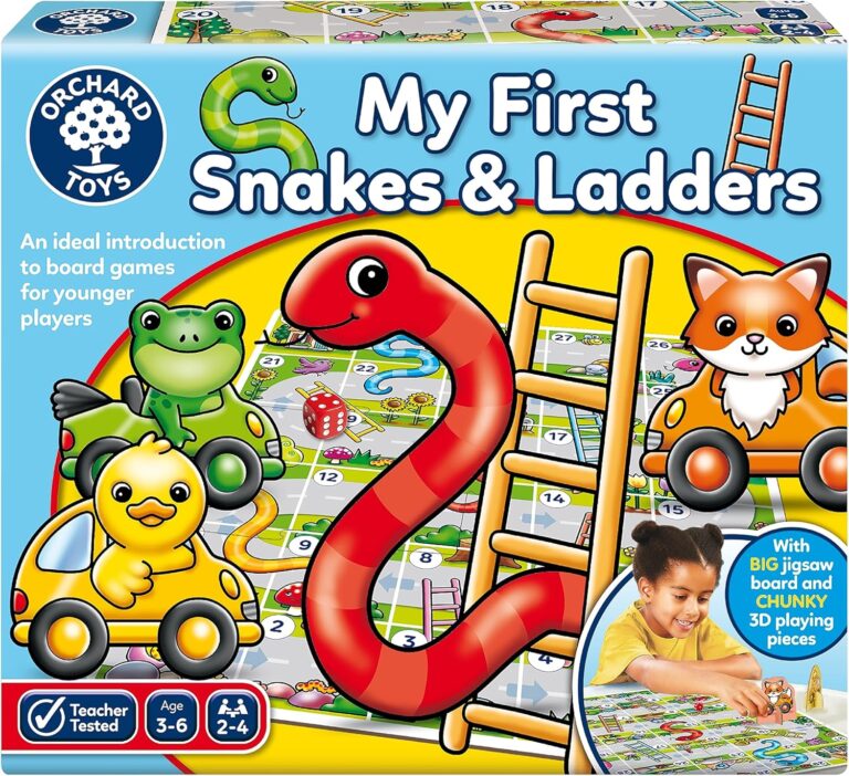 Orchard Toys My First Snakes & Ladders Game for Kids – Large Toddler Games w/Giant Colourful 3D Playing Pieces – Children’s and Kids Board Games Age 3-6 Years – For 2-4 Players