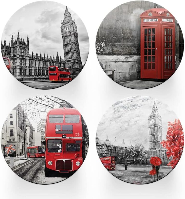4 x Round London Coasters – Landmarks England GB UK Set Theme Women House Warming Circle Drinks Kitchen Table Decoration Décor Gift #77912