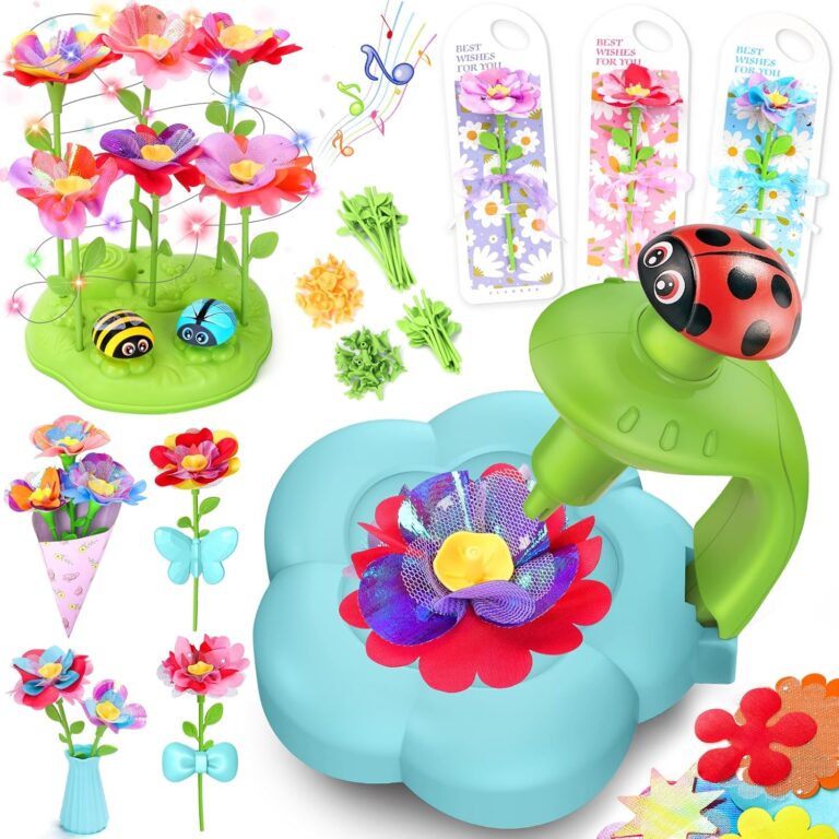 ZippyZoom Arts and Crafts for Kids Ages 4-9 Kit: Toys for Ages 5 6 7 8 9 – Birthday Gifts & Craft Set for Girl Age 3-9 – DIY 30+ Flower Bloom Maker with Music Light Base Vase Fridge Magnets Cards
