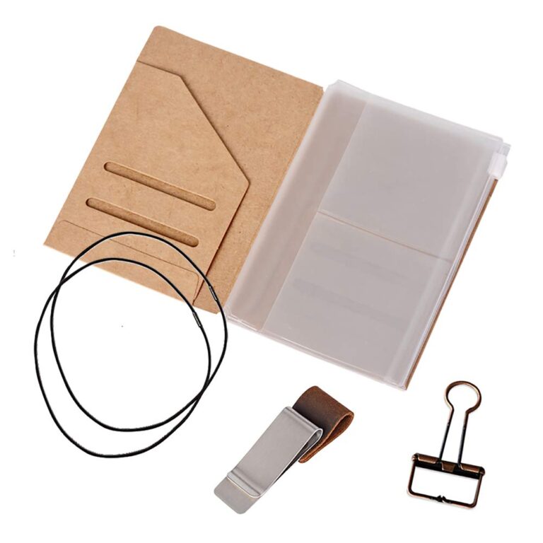Passport Size Travelers Notebook Accessories Kit – Kraft File Folder, Zipper Case, Pen Holder, Binder Clip and 2 Elastic Bands