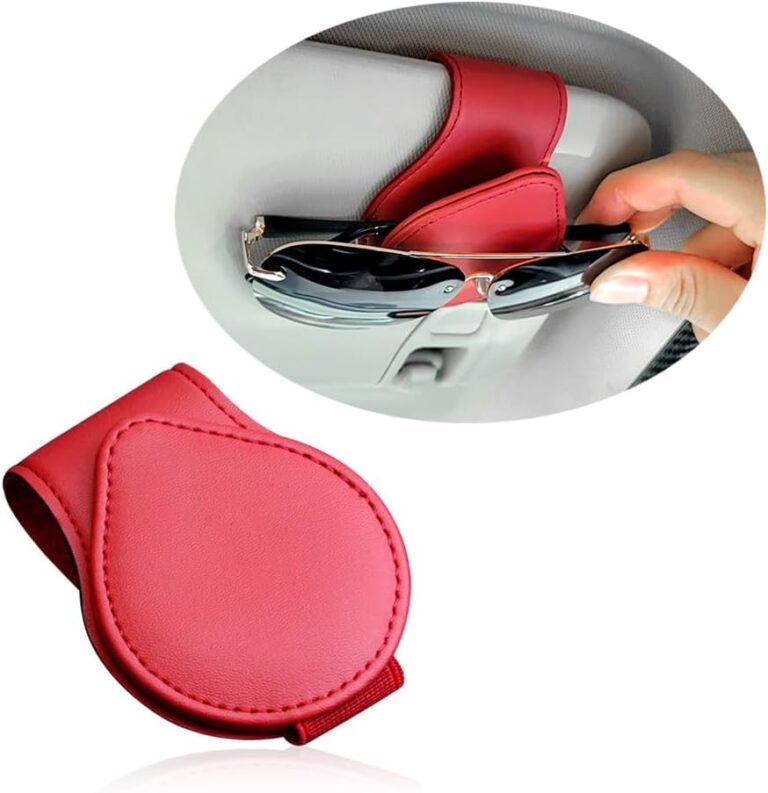 GTLM Magnetic Sunglass Holder for Car Visor,PU Leather Car Sunglass Holder Organizes Glasses Tickets Cards & Keeps Car Tidy,Universal Car Accessories Interior (Red)