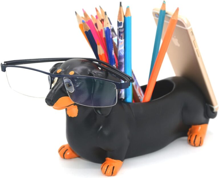 MONMOB Creative Cute Daschund Pen Pencil Holder with Phone Stand Home Office Desk Accessories Decoration Black Dog Weiner Dog Dachshund Gifts