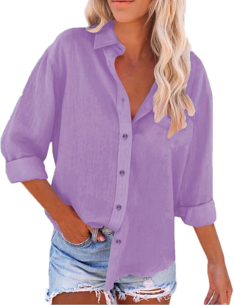 Yinguo Linen Shirts for Women with Pockets Long Sleeve Button Down Shirt Blouse Loose Fit Vacation Beach Work Tops Clothes Womens Workout Shirt