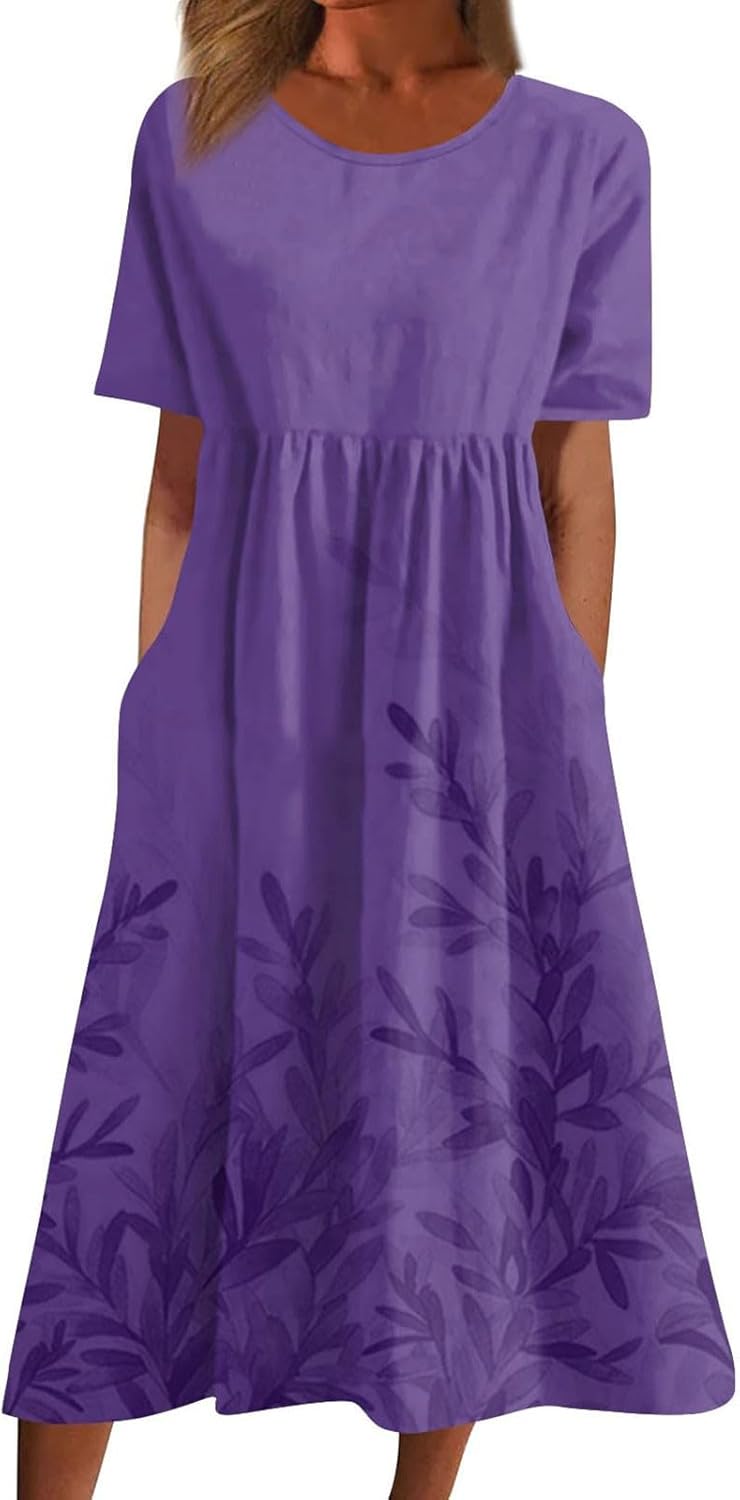 Women’s Short Sleeve Maxi Summer Dresses Round Neck Pullover Dress Elegant Floral Printed Long Dress with Pocket Loose Flowy Hem Boho Dress Beach Daily Wear
