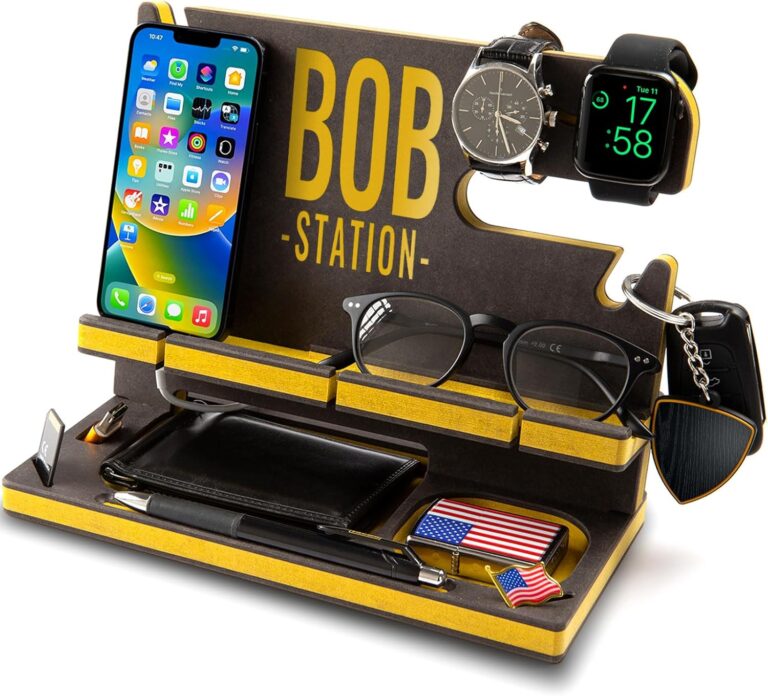 GRETAOTO Personalized Wooden Docking Station for Cell Phone, Tablet, Wallet, Gadgets, Accessories, Desk Organiser, Essentials, Storage Stand for Work Desk, Nightstand, Gifts for Men (Yellow)