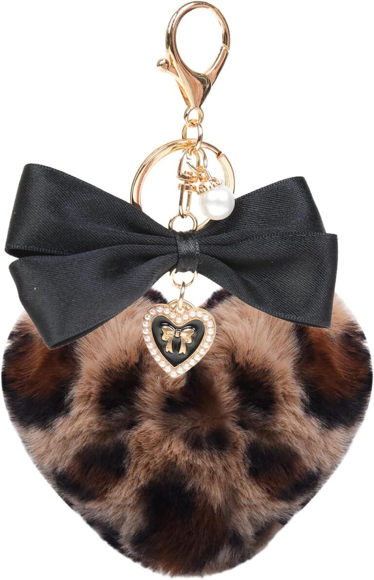 JK Home Pom Pom Leopard Fluffy Furry Keychains Black Bow with Storage Box, Soft Plush Love Heart Shape Keyholder Pendant for Charm Car Key Bag Phone Handbag Y2K Accessories Valentines Day