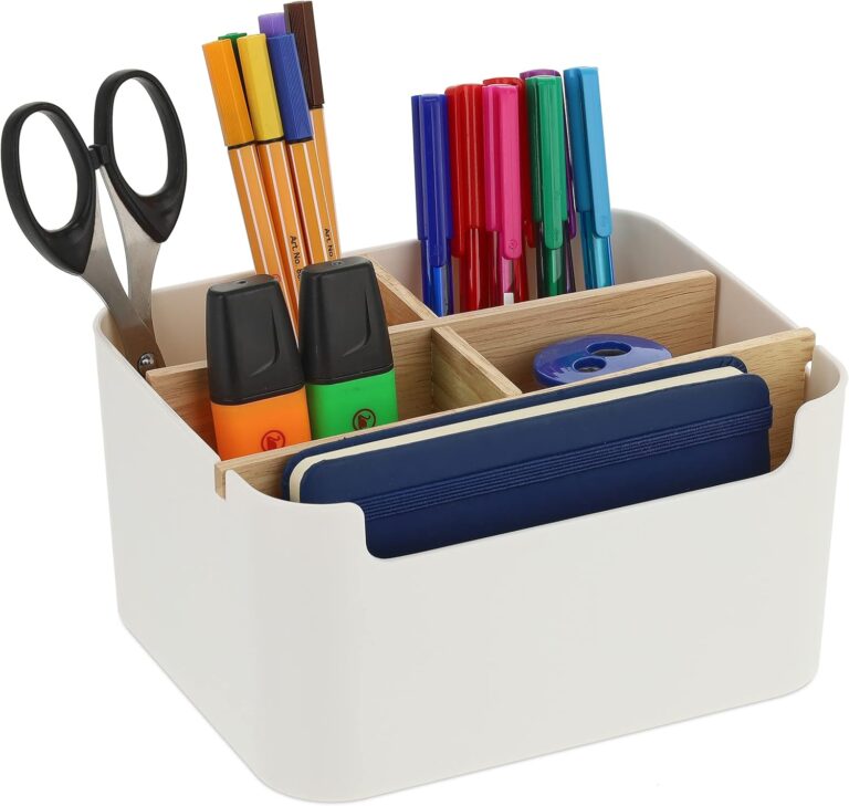 Relaxdays Desk Organiser, 5 Compartments, Plastic and Wood, H x W x D: 9,5 x 18 x 15 cm, White
