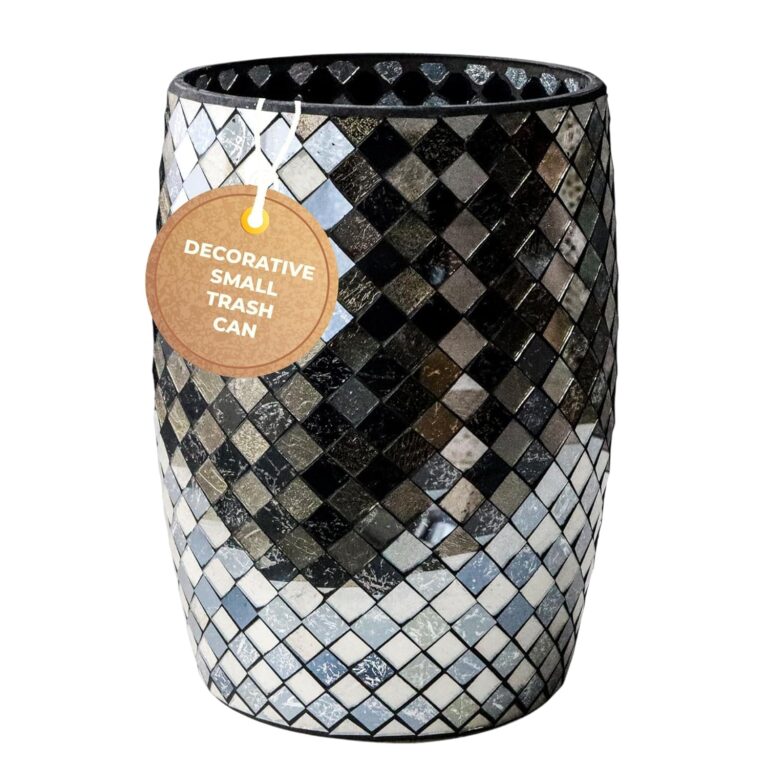 Escenzy Modern Bathroom Trash Can Mosaic Glass 5L | Decorative Small Garbage Can | 7″ x 10″ | Luxury Waste Basket for Restroom, Office, Bedroom & Kitchen | Shiny Black and Gold Bathroom Accessories