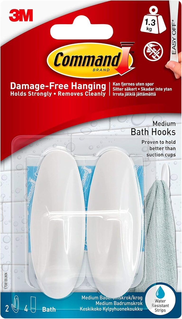 Command Bath Designer Hooks, White, Water Resistant – 2 Medium Hooks and 4 Adhesive strips – Hang Towels, Robes and other Bathroom Accessories – Ideal to avoid Drilling through Tiles