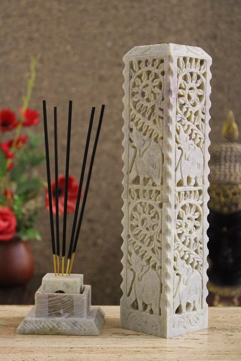 Handmade Carving Soapstone Incense Stick Tower Holder | Incense Stick Tower Burner Holder Spa Aromatherapy Home Office Fragrance Accessories Home Office Decor – (10 X 3 Inches)