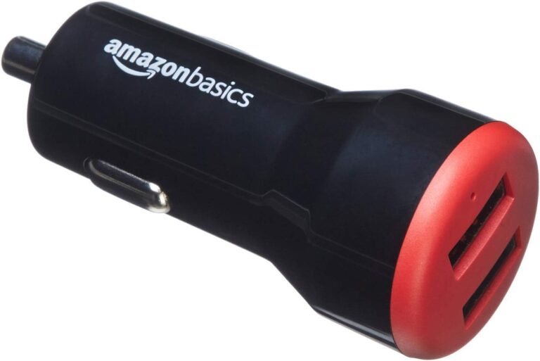 Amazon Basics 2-port USB-A Car Charger – 24W – For phones (iPhone 16/ 15/14/13/12/11/X, Samsung and more) – Not PPS – Black/Red