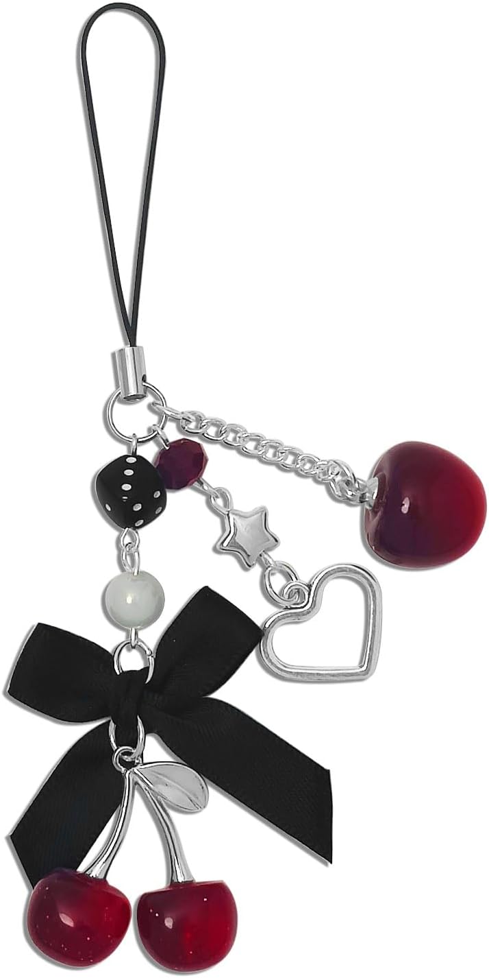Phone Charms Strap Cute Cherry CellPhone Straps Aesthetic Pink Red Black BlueCherry Phone Chain for Camera Keychain Bag Pendant Decor Gift
