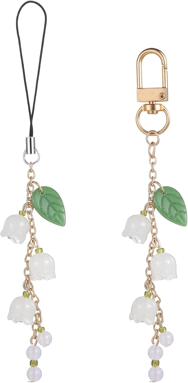 2 Pcs Cute Phone Charms Lily of The Valley Phonecharm Glass Flower Jade Leaf Beaded Flower Phone Strap Aesthetic Cellphone Wrist Strap Mobilephone Lanyard for Women Bag Keychain Camera Wallet