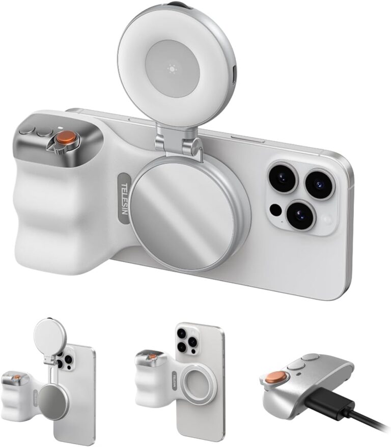 TELESIN Fun Shot Magnetic Phone Camera Grip + C03 Magnetic Selfie Light (Silver) Bundle Kit Compatible with iPhone Magsafe & Android, Creator Kit for Selfies/Photography/TikTok/Zoom Calls/Video