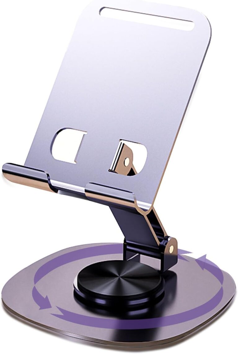 ONCHEER 360°Rotating Phone Holder for Desk, Portable & Foldable Cell Phone Stand for Office & Kitchen, Adjustable Tablet Stand for All Mobile Phones, iPhone, iPad, Nintendo Switch (Metal Purple)