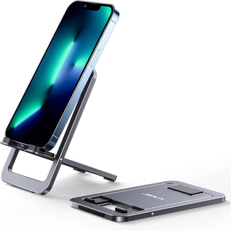 JSAUX Cell Phone Stand, Foldable Aluminum Adjustable Phone Holder for Desk Portable Travel Essentials Office Accessories for iPhone 17 16 15 14 13 Pro Max Samsung S25 S24 S23 Ultra Kindle-Gray