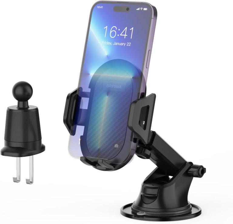 GRIFEMA Car Phone Holder with Suction Cup and Vent Clip for Dashboard Windscreen and Air Vent, Secure Mount with Adjustable Arm and 360° Rotation, One Touch Release, Fits Phones 4.7 to 7.2 Inches