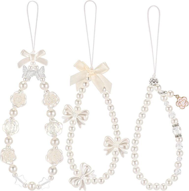 Ecally 3 Pcs Phone Charms Strap Camera Charm Strap Pearl Beaded Butterfly Bow Flower Cute Phone Wrist Lanyard Bracelet for Camera Keychain Wallet Decor Valentine Gifts