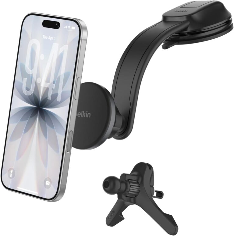 Belkin Wireless Car Charger, Magnetic Car Vent Mount & Dash Mount with USB C Cable, MagSafe Compatible Fast Charging for iPhone 17, Galaxy S25, Pixelsnap, & More – Qi2 Travel Car Accessories – Black