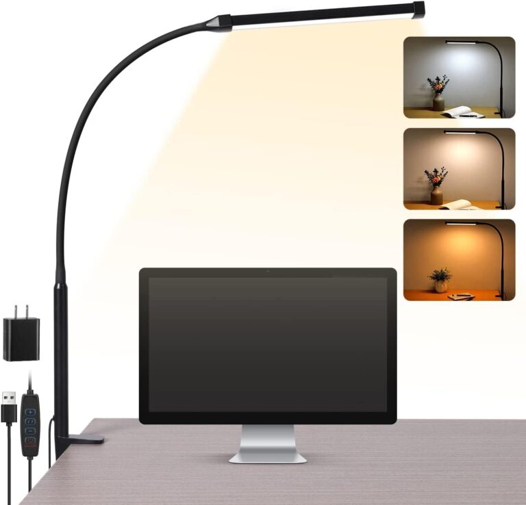 AONELAS LED Desk lamp with Clamp, Eye-Caring Clip on Lights for Home Office, 3 Modes 10 Brightness, Long Flexible Gooseneck,Metal, Swing Arm Architect Task Table Lamps USB Adapter, Black