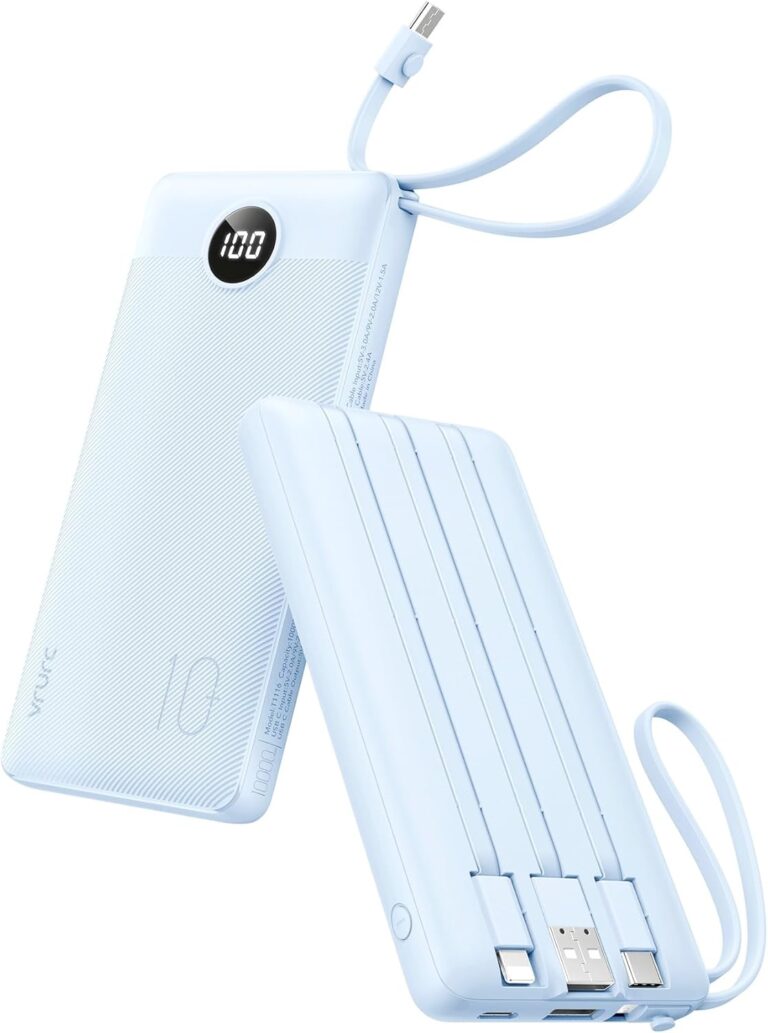 VRURC 10000mAh Power Bank Built-in Cables, Portable Charger with LED Display, Slim Travel Battery Pack with Cords, 5 Output Dual Input Phone Charger for Cell Phone Smart Devcies-Blue(1 Pack)