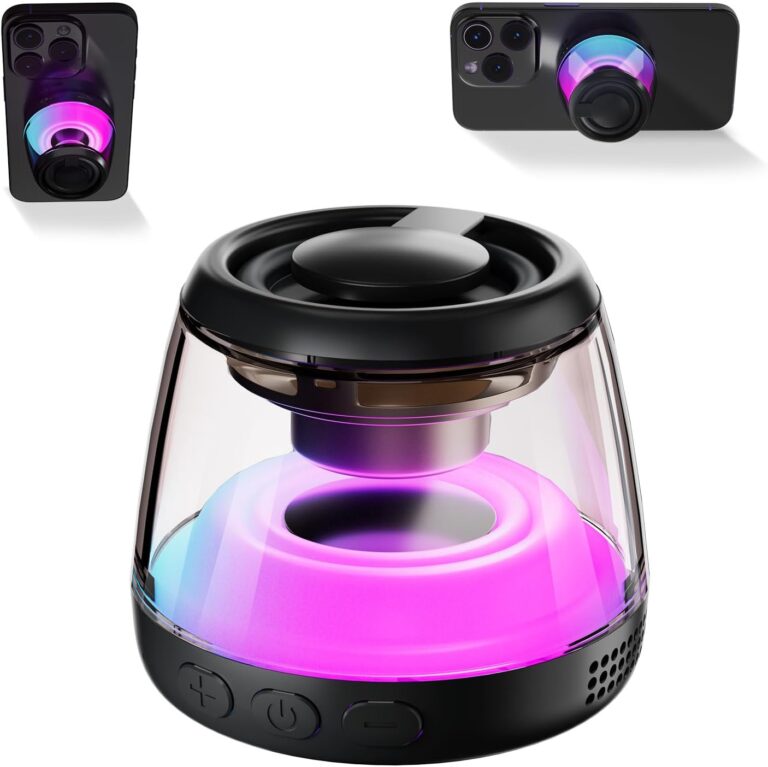 Magnetic Bluetooth Speaker,Wireless Induction Bluetooth Speaker,Mini Portable Cell Phone Stand for iPhone, Lanyard & RGB Night Light,or Home,Outdoors,Pool,Gift (Black-1PCS)