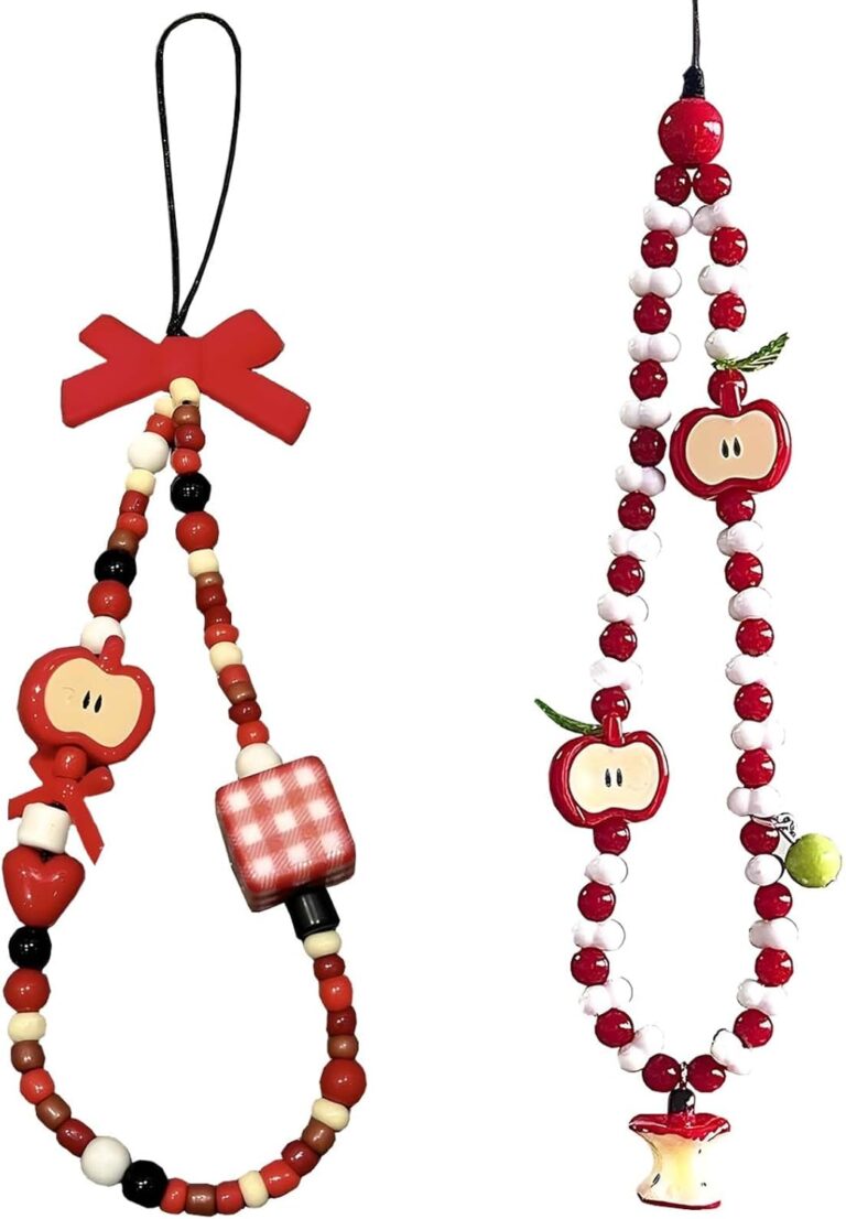 2Pcs Handmade Phone Charm – Cute Cell Phone Beaded Wrist Strap with Apple, Bow, Dice Decorations | Women’s Gift & Keychain Accessory