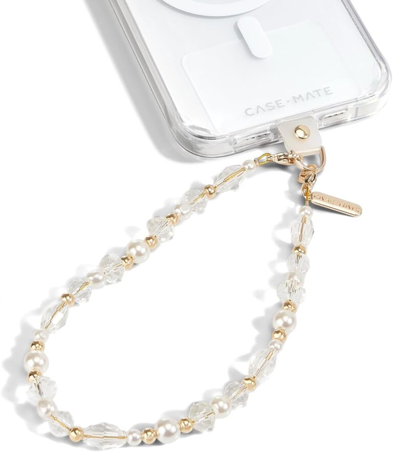 Case-Mate Beaded Phone Charm – Detachable Anti Theft Strap – Hands-Free iPhone Wrist Strap for Women – Phone Chain Wristlet – Fits Galaxy, Pixel and More – Crystal Pearl Gold