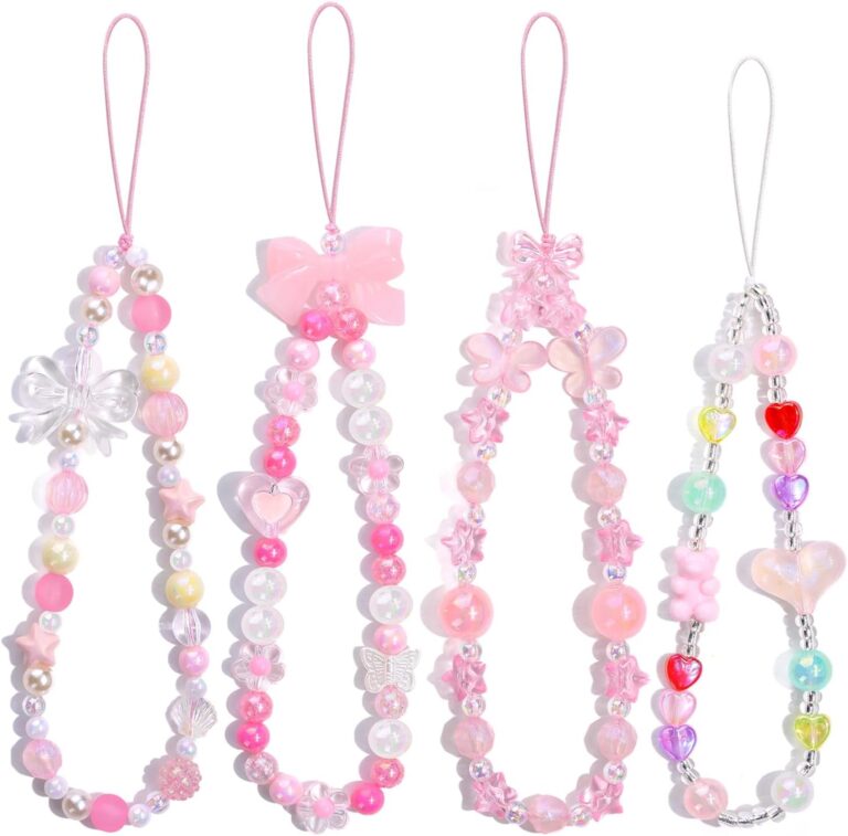 4 PCS Cute Phone Charms Aesthetic Y2K Cellphone Wrist Strap Bedazzling Bear Bow Butterfly Heart Star Flower Accessories Pink Beaded Anti-Theft Chain String for Bag Keychain Airpods Decor