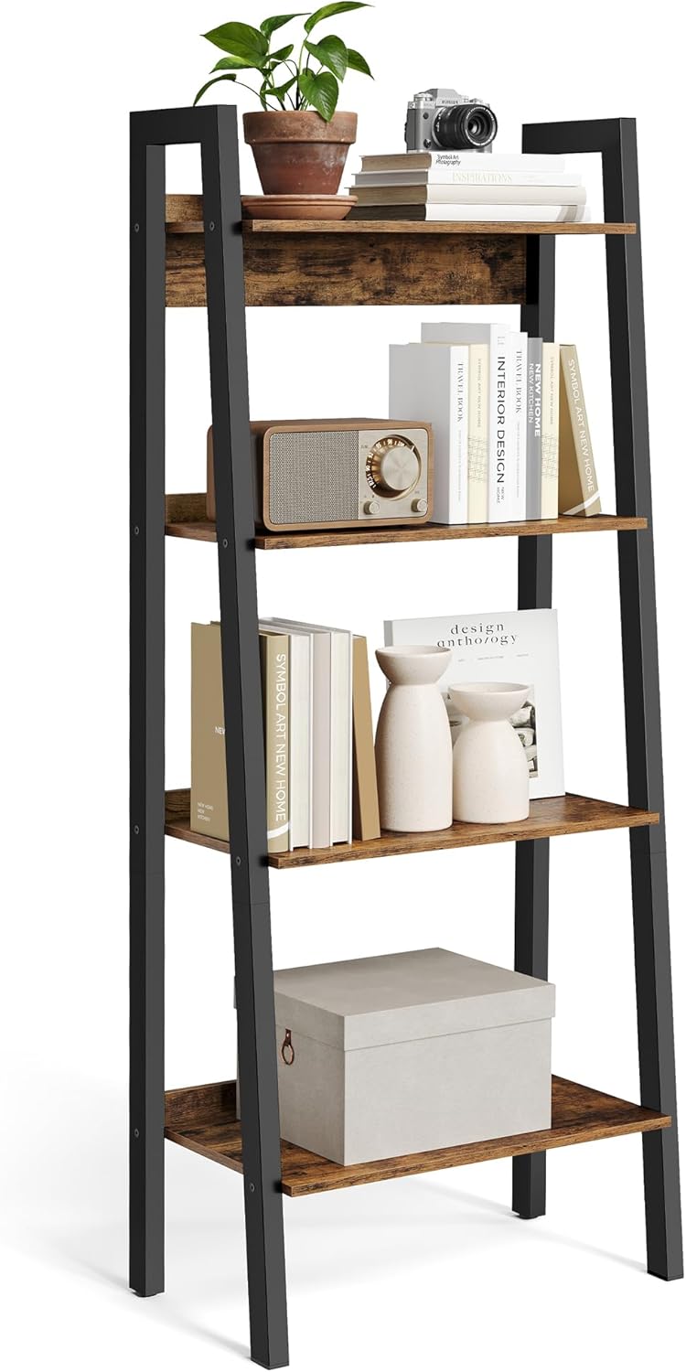 VASAGLE Ladder Shelf, 4-Tier Narrow Shelf, Bookshelf for Home Office, Living Room, Bedroom, Kitchen, Industrial, Rustic Brown and Ink Black LLS054X01