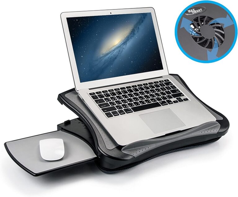 Ergonomic Computer Laptop Desk Riser Stand Board with Internal Cooling Fan, Cushion, Handle and Adjustable Viewing Angles for 12″ – 17″ Notebook Tablet iPad Laptop