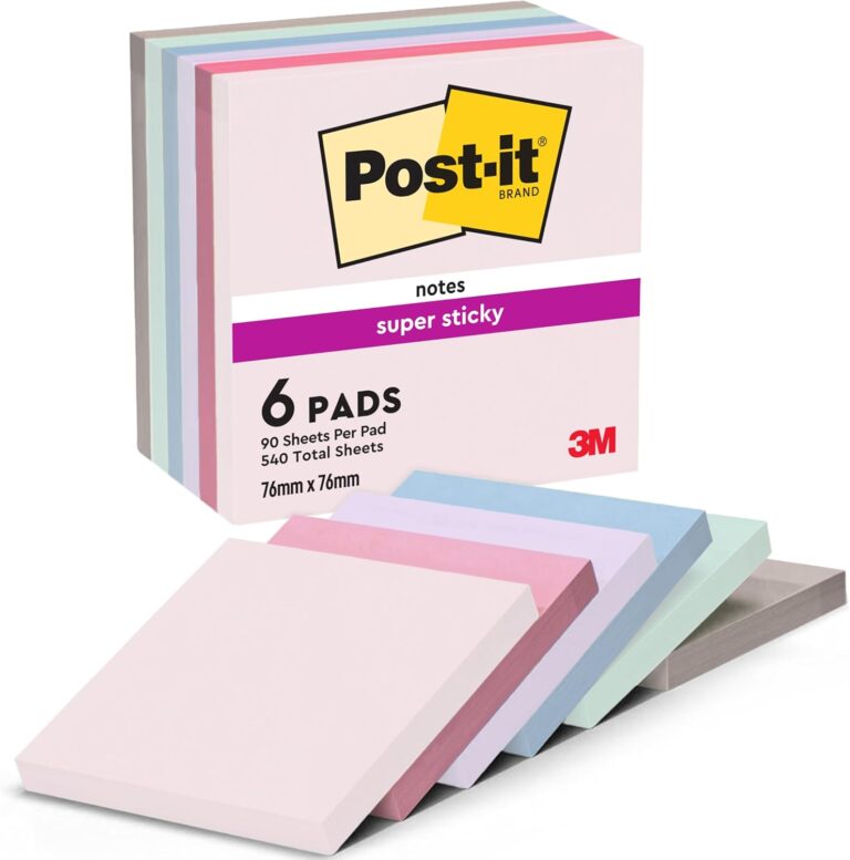 Post-it Super Sticky Notes, Double The Sticking Power, 6 Pads, 540 Sheets, 76 mm x 76 mm, Blue, Green, Grey, Pink, Purple Colors – Self-Sticking Notes for Walls, Monitors and Fridge