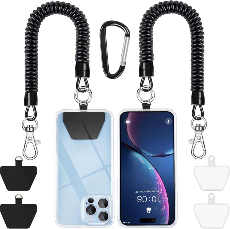 SHANSHUI Phone Lanyard Tether, Anti Theft Spring Phone Strap, 4 x Phone Pacthes & Climbing Hook Universal Phone Lanyard for Keys Outdoor Skiing Hiking Fishing Fitting for All Smartphones – 2PCS Black