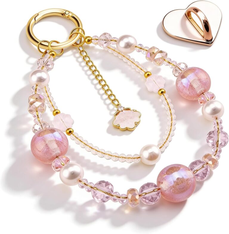 Phone Charms Strap For Women Friends Charm Chain For Kindle Bag Charm Cute Pearl Bead Keychain With Heart Shaped Sticker Hands-Free Purse Charms Birthday Gifts